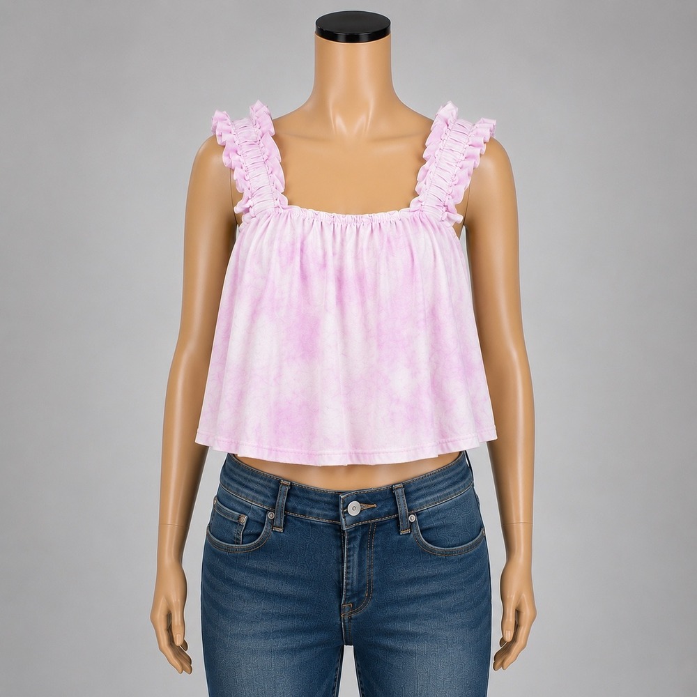 Zara Crop Top Womens Sz M Pink Tie Dye Ruffle Strap Square Neck 100% Cotton Boho